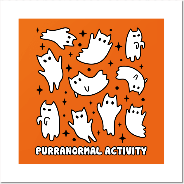 Cute Kawaii Ghost Cats Halloween Purranormal Activity Orange Wall Art by PUFFYP